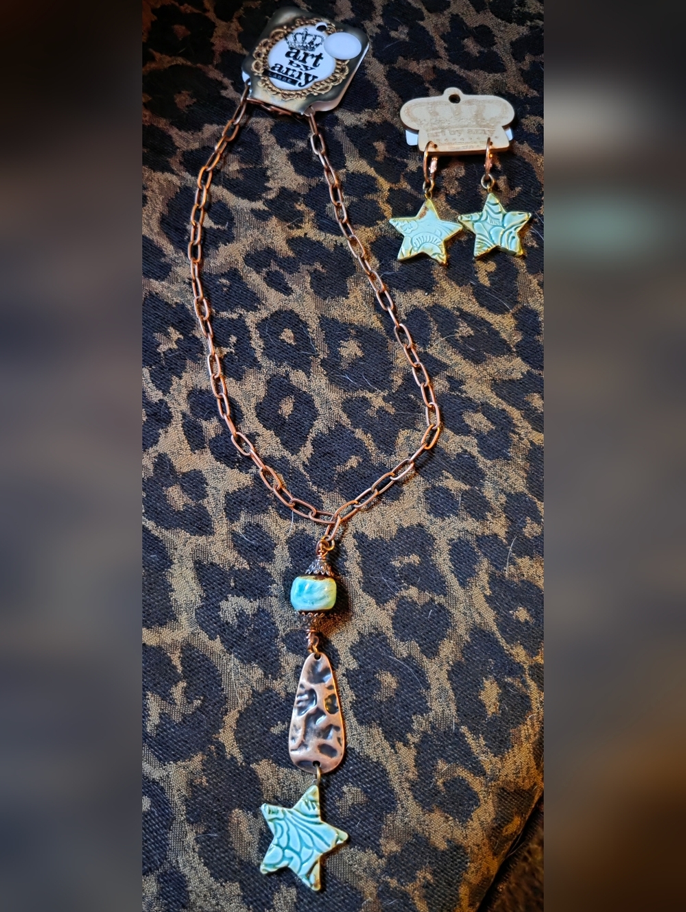 Handcrafted Copper Necklace/ER Set with Turquoise Star Pendant - Art By Amy